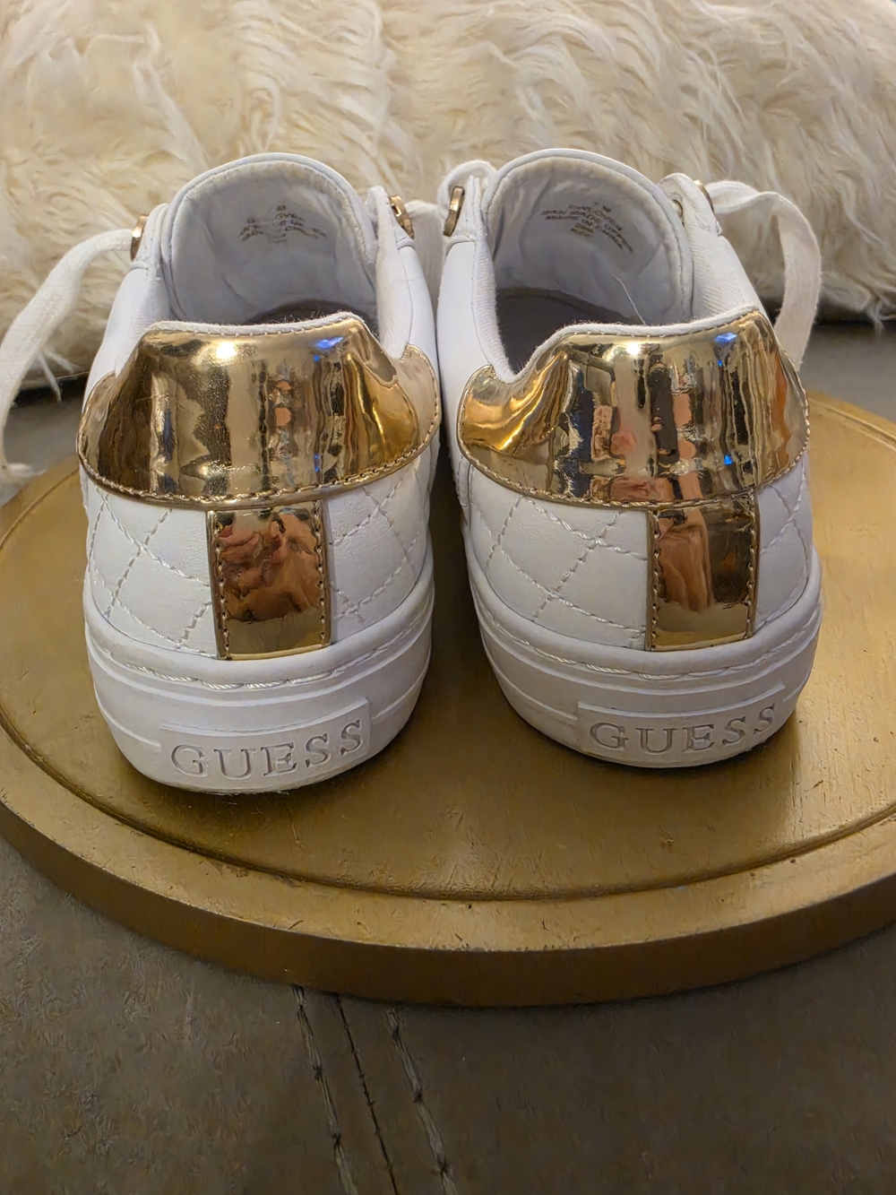 GUESS White Quilted Lace-Up Sneakers with Gold Accents - Picture 5 of 8